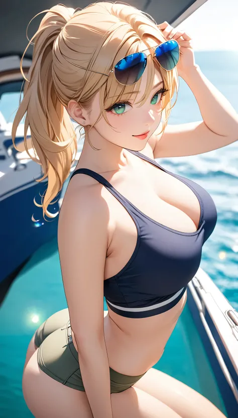 Highest quality、Best image quality、masterpiece、One Girl、26 years old、Best Bust、Big Breasts、Beautiful Eyes、Blonde, Green Eyes、ponytail、Natural smile、cowboy shot, Sexy pose, Seductive pose, crop top, hot pants, Put your sunglasses on your forehead、Ass Focus、...