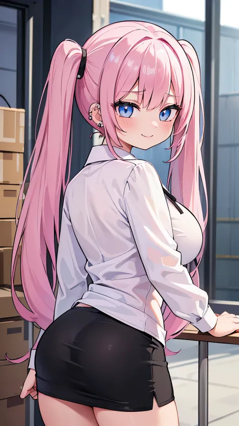 (masterpiece、Highest quality、Super detailed)、((One girl))、((Pink Hair))、((Twin tails))、((Light blue eyes))、evil smile、((lots of piercings))、((Very large breasts))、((White collared shirt))、Long sleeve、((Black Pencil Skirt))、((Miniskirt))、Ass、Cowboy Shot、Pre...