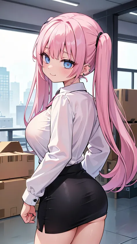 (masterpiece、Highest quality、Super detailed)、((One girl))、((Pink Hair))、((Twin tails))、((Light blue eyes))、evil smile、((lots of piercings))、((Very large breasts))、((White collared shirt))、Long sleeve、((Black Pencil Skirt))、((Miniskirt))、Ass、Cowboy Shot、Pre...