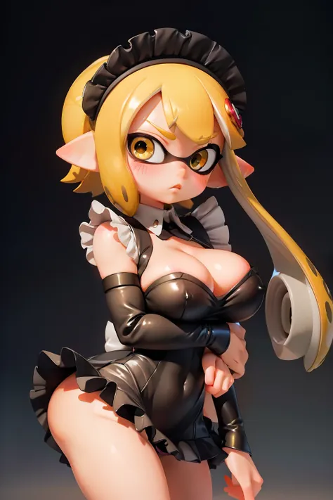 Real Anime、3d、((whole body))、1 Splatoon girl, Beautiful Face、A slightly narrow face、Golden Eyes、Golden and black gradient tentacle hair、Thick lips、Rouge、blush、((Anxious face、Confused face))、Micro Dress, ((Maid)), (((Panty shot)))，Ultra micro mini skirt、Big...