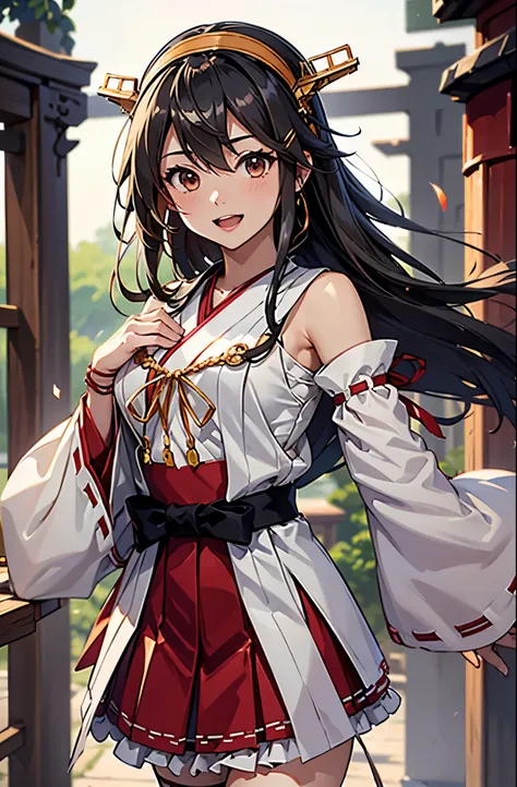 Highest quality, masterpiece, High resolution, 一人in, {Aaron_Kantai Collection:1.15}, black_hair, length_hair, hair_ornament, hairband, brown_eye, hairclip, red面, smile, headgear, chest, Non-traditional_Shrine maiden, hair_between_eye, One Girl, independent...