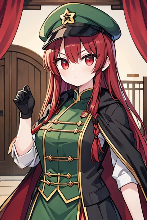 Hong Meiling, black military uniform and cap, red cloak, Dongfang Project guarding the gate of the Scarlet Devil Mansion