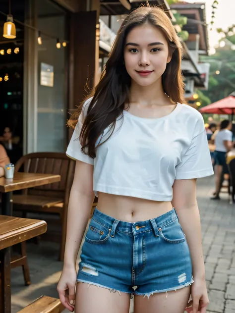 best quality, ultra high res, (photorealistic:1.4), iphone photo, raw photo, sunset light, photo of 20 y.o beautiful woman, pale skin, bokeh, motion blur, thai, cafe near sea, Soft smirk, Blur background, fashion t-shirt, close-fitting jeans shorts, ((smal...