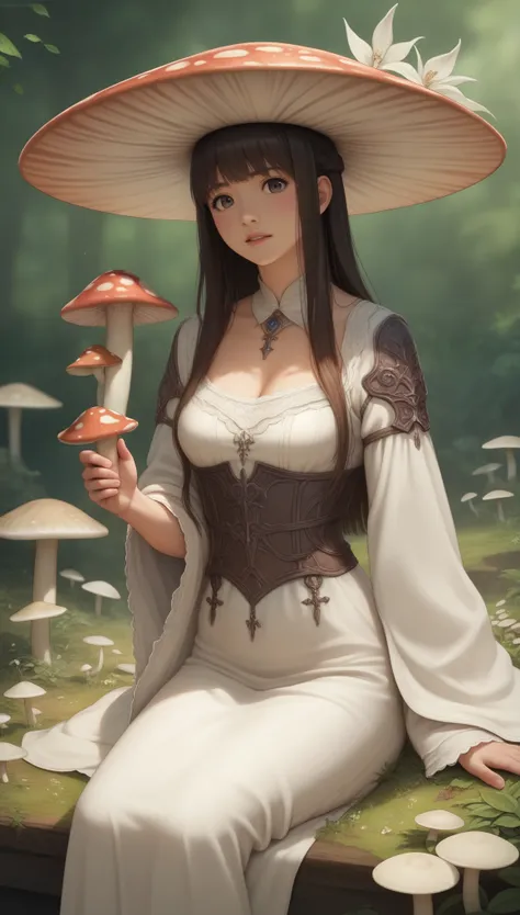 a closeup of a woman sitting on a mushroom with a mushroom hat on, 2. 5 d cgi anime fantasy illustrations, anime fantasy illustr...