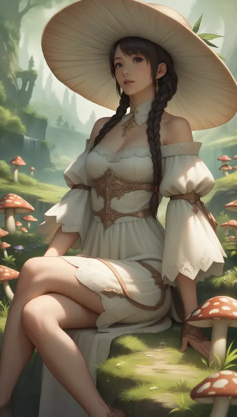 A closeup of a woman sitting on a mushroom with a mushroom hat on, 2. 5 d cgi anime fantasy illustrations, anime fantasy illustration, anime fantasy illustrations, detailed digital anime art, yoshitakka amano Karol Bak, Digital fantasy art 2D, fantasy art ...