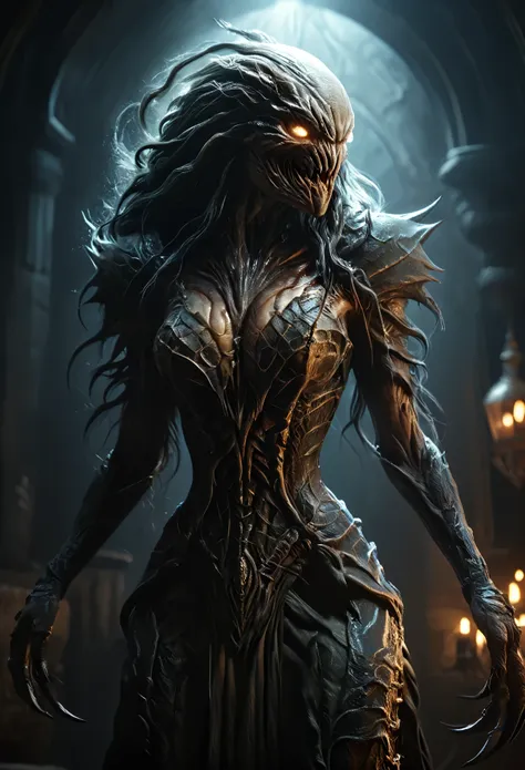 a monstrous humanoid woman, white monster, fangs, claws, four arms, intricate detailed design, dark fantasy, cinematic dramatic ...