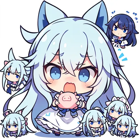 Masterpiece, best quality, girl, long hair, pig head, messy hair, blue and white gradient hair, simple background, nervous face, confused face, angry face, happy face, shy face, detailed girl avatar, positive image, Profile image, three quarter view, 9 emo...