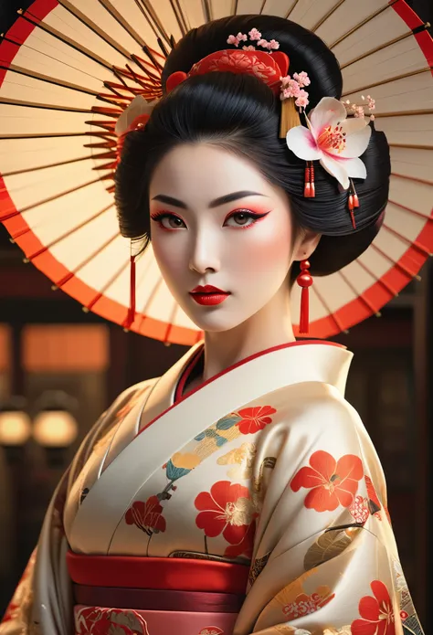 A highly detailed full-body portrait of a geisha, intricate hyper-detailed octane rendering, symmetric pose, beautiful detailed eyes, beautiful detailed lips, extremely detailed face and skin, long eyelashes, elegant kimono, traditional hairstyle, delicate...