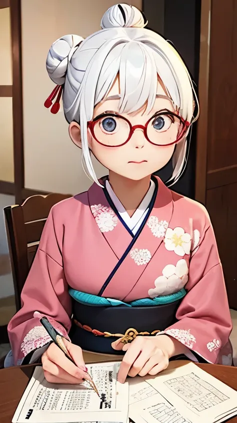 Cute old woman、60-year-old woman、One Woman、kimono、Kappo、White Hair、Japanese anime、comical、4 heads、Bun Hair、Round face、Round Glasses、Sit at a desk、front、fortune teller、Astrology、Yokan、