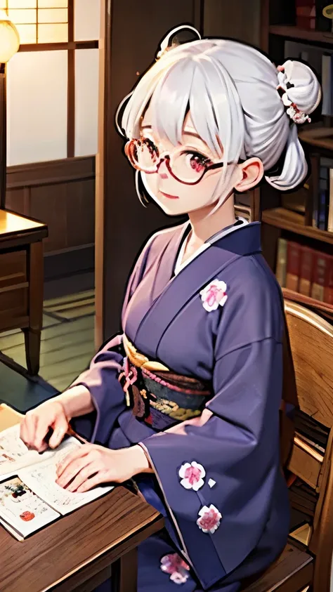 Cute old woman、60-year-old woman、One Woman、kimono、Kappo、White Hair、Japanese anime、comical、4 heads、Bun Hair、Round face、Round Glasses、Sit at a desk、front、fortune teller、Astrology、Yokan、