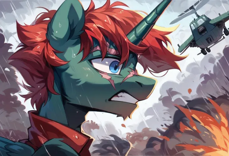 Male alicorn pony, black fur, long red hair, deep blue eyes, red feathers on wings, scar over left eye, red striping, vietnam-era helicopter pilot uniform, boonie hat, in a swamp, explosion in background, raining, wet hair, terrified facial expression, clo...