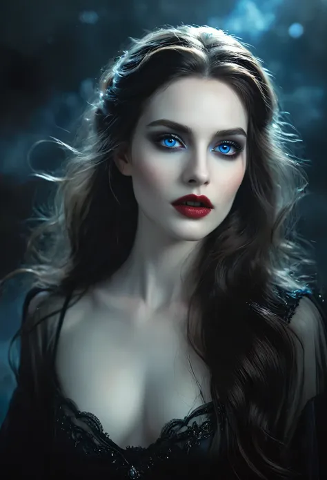 (masterpiece), ultra-realistic, portrait of a beautiful pale skinned vampire, black enamel, light makeup, bright blue eyes, dark...