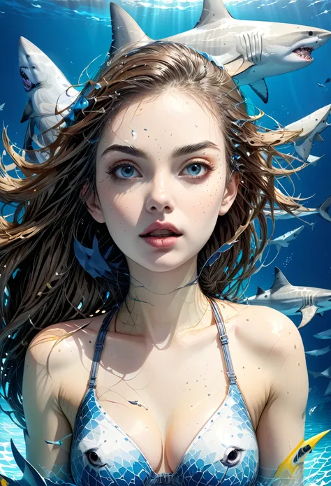 general shot, whole body:1.4, ((surreal hybrid girl:1.5, with shark:1.5)),detailed portrait,beautiful detailed eyes,beautiful detailed lips,extremely detailed face and features,longeyelashes,detailed scales covering body,sharp shark teeth,dramatic lighting...