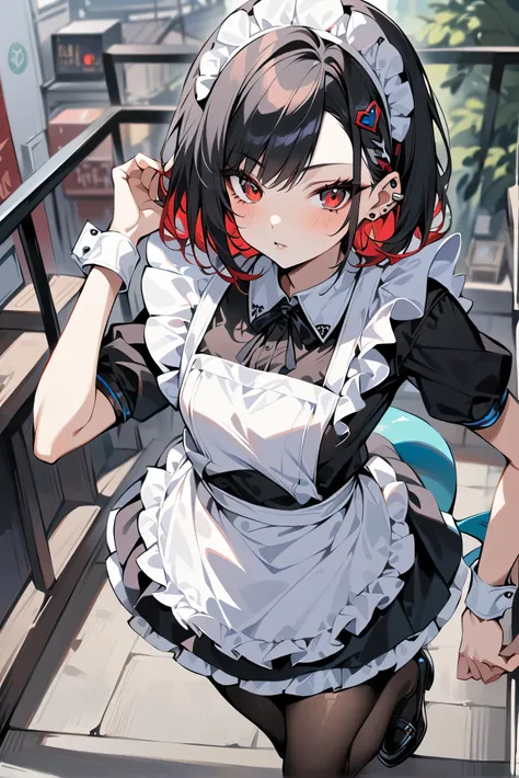 anime girl in maid outfit standing on a balcony with a blue chair