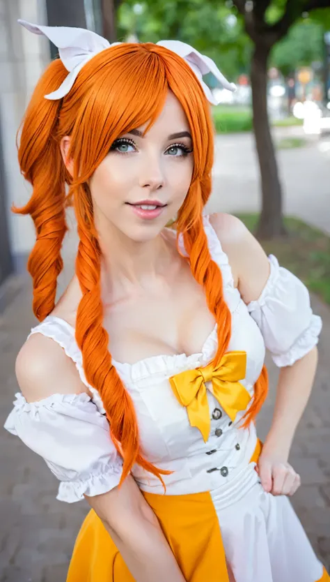 there is a woman with Rote Haare posing for a picture, amouranth, besser bekannt als Amouranth, Abonnieren, Amouranth als Superschurke, madison beer as Abonnieren, Rote Haare, Cosplay costume, orange leuchtendes Haar, Young beautiful Amouranth, belle delph...