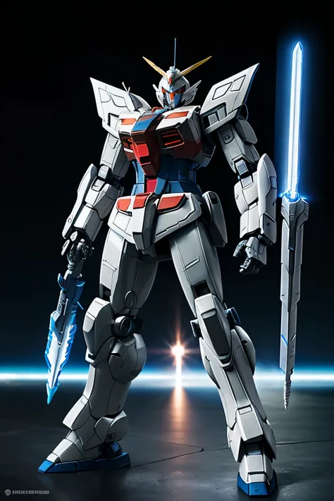  highly detailed 3D model of a futuristic Gundam robot, standing in a dynamic pose with metallic armor plates, glowing blue eyes, and intricate mechanical joints. The robot is armed with a large energy sword and a shield, set against a backdrop of a futuri...