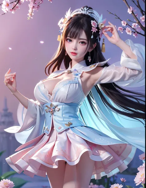 (8k, RAW photo:1.2), best quality, ultra high res,dramatic angle,(fluttered detailed color splashs), (illustration),(((1 girl))),(long hair),(rain:0.9), (Headdress:1.4),There is an ancient palace beside the girl,Hanfu,(Key Points),Color ink painting,(Splas...