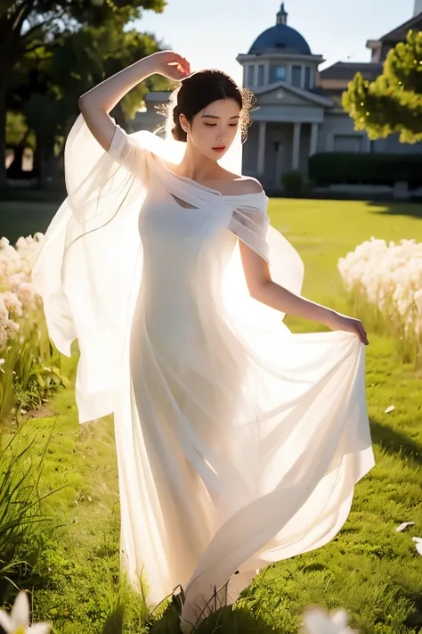  masterpiece, best quality, 1girl, solo, delicate face, white-skinned female, see-through silhouette, white dress, full body,outdoor,,grasses and flowers,blur background,background defocus