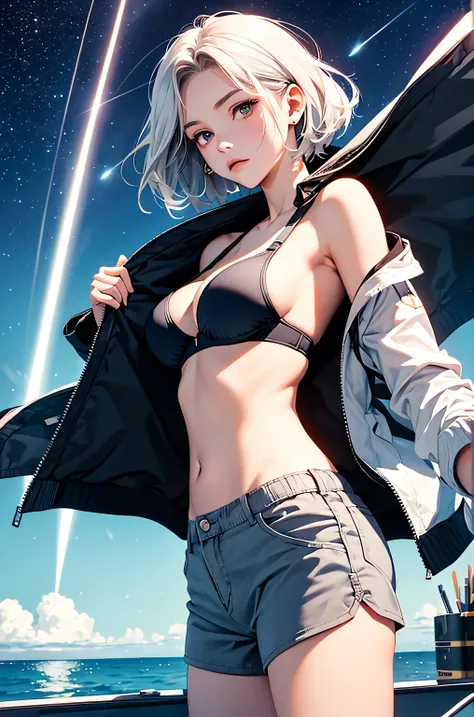 (masterpiece:1.5, Highest quality, Very detailed、 Dutch Angle、Realistic、2.5D、Realistic)(One Girl, Sports Girl)(Silver Hair:1.6,,short hair)(Sports Bra、Jacket:1.5、Shorts、tightedium breasts, Beautiful cleavage,underboob))(from backside),(Beautiful starry sky...