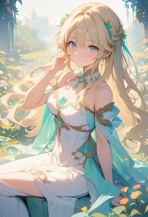 8K, Super detailed, high quality, A woman with a goddess-like smile,euphilia, One Girl,Anime girl with long blonde hair and dark turquoise eyes in a white dress,  Glowing green eyes,  sitting in a garden full of flowers, Wearing an elegant dress, Decorate ...