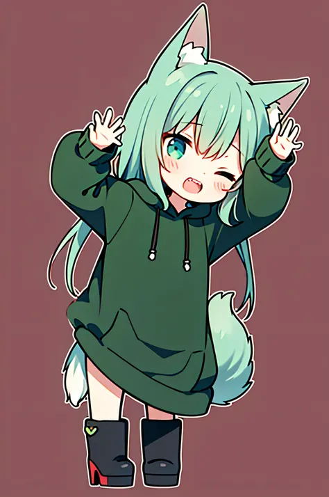 Cuteness in the style of illustrations,Shota,Wolf,An eye is a heart,green,Cute face,Open your mouth,Cat Pose,Double teeth,hoodie,boots,Platform heels