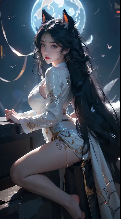 Ahri_Cosplay, White Tails, Black long hair, yellow eyes, ((knee shot)), 8k, masterpiece, original photo, best quality, detail:1.2), ((Shot at random angles)), lifelike, Extremely detailed CG unified 8k wallpapers, depth of field, movie light, lens flare, R...