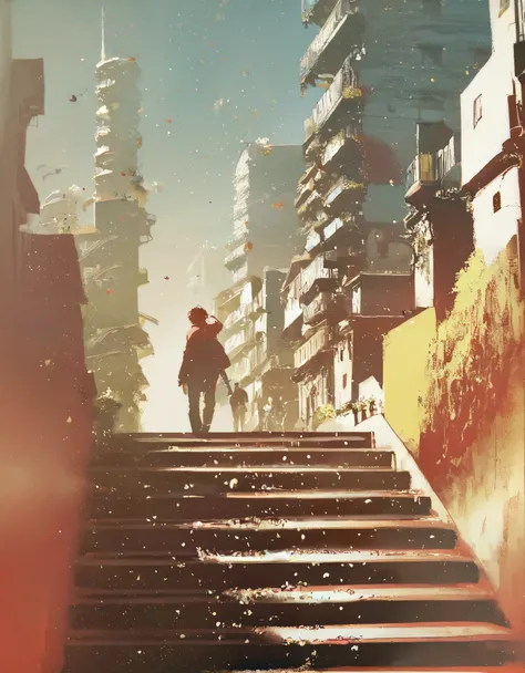 score_9, score_8_up, score_7_up, score_6_up, best aesthetic, by rella, a person walking down a stairway, long shot, concept art, city in background, great use of color theory, red and yellow colors, particles flying, sunny
