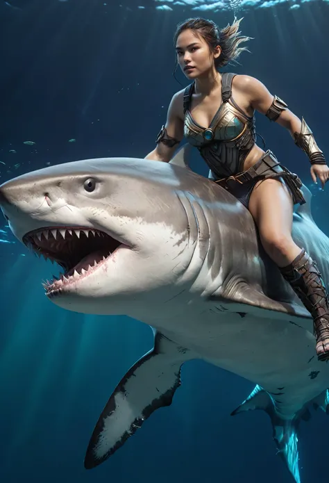 a female warrior riding a HUGE shark, glowing bioluminescent markings, perfect face, detailed face, ethereal, delicate, dreamlike, vibrant colors, blended textures, (best quality,8k,highres,masterpiece:1.2),ultra-detailed,(realistic,photorealistic:1.37)