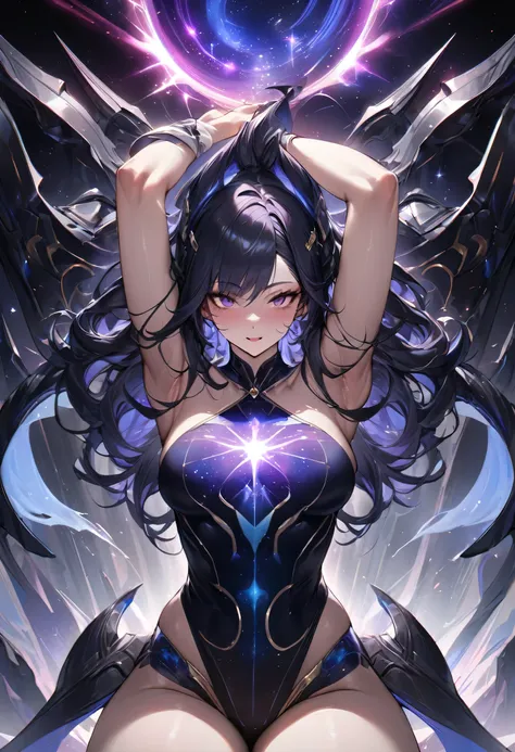 1girl, universe as a girl, cosmic entity, sexy body, sexy pose, armpit, passionate face, master piece, ultra high quality, ultra high resolution, high detailed, semi realistic, best quality, creative