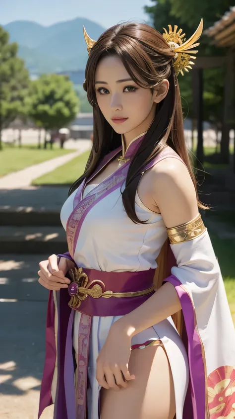 Diaochan from Sangoku Musou 8,Super realistic,hair ornaments,Perfect Diaochan costume,twin tailasterpiece、1 cute girl、17 year old high school student、smile,fine eyes、puffy eyes、bright outdoors,Bright downtown、highest quality, 超High resolution, (reality: 1....