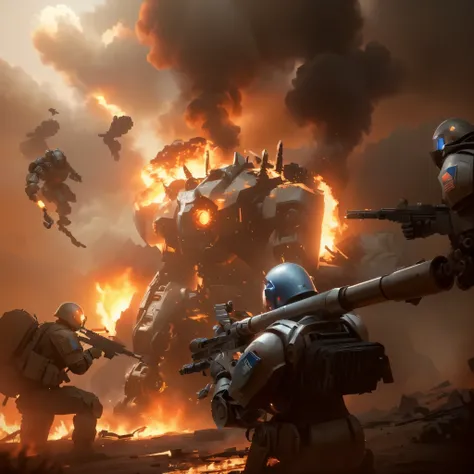 soldiers in front of a burning robot with a gun, soldiers and mech fight, mech machines firing bullets, realistic apocalyptic war scene, an escalating violent firefight, wojtek fus, created in unreal engine 5, warhammer 40k style, rendered in unreal engine...