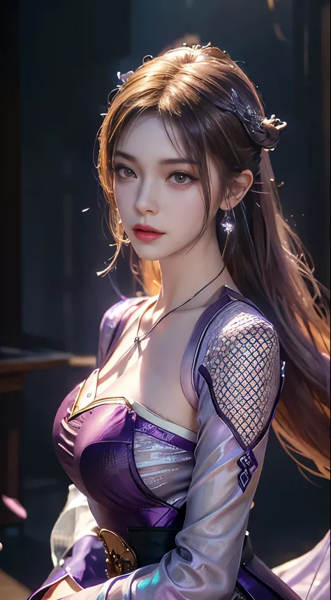 1 Beauty in Hanfu, Thin purple silk shirt，White，Variety of textures, White lace top, Platinum purple long ponytail, hair accessories, earring, light purple rabbit ears, Necklaces and Necklaces, Carefully drawn big purple eyes, Detailed makeup, thin eyebrow...