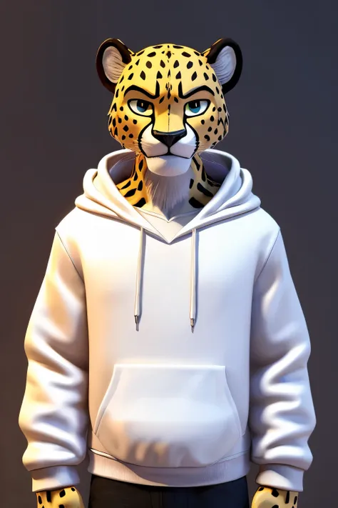 Two-dimensional male cheetah (((three-dimensional view)) cartoon with confident face, NFT art style, clothes (white hoodie)