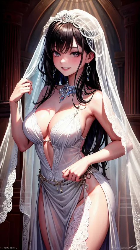 (NSFW), Adult themed, (Masterpiece), Highest quality, Highest quality, Highly detailed CG Unity 8k wallpaper (Depth of written boundary: 1.5), Faithfulness: 1.3, Chest focus, Bride portrait style, 1 Girl, Elegantly posed behind a sheer curtain, Veil gracef...