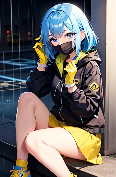 girl, blue hair, Little smile, rain, black jacket, short yellow skirt, yellow shoes, white gloves, metal face masks, blue eyes, long blue hair.