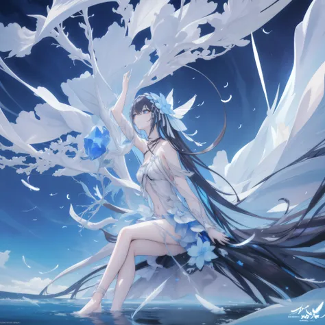((A very far view)) of a anime girl, (sitting in the water), cinematic light, slim body with curves, skin perfectly white, soft, and smooth, Extremely delicate and beautiful CG illustration, best quality, high resolution, dynamic angle, full-length lens, (...