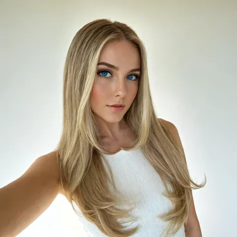Blonde woman with long hair and blue eyes posing for a photo., brunette with dyed blonde hair, with long blonde hair, long luxurious light blonde hair, flowing blonde hair, medium blonde, Blonde and attractive features., long dark blonde hair, long brown b...