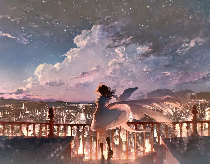 high quality, best quality, by rella, 1girl, solo, sky, cloud, scenery, outdoors, dress, railing, night time, neon colors, city ...