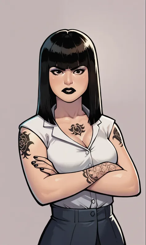 score_9, score_8_up, score_7_up,  1girl, simplified background, Asian, mafia business outfit, , sunny, lovely, hime cut hair, scowl, black lips, black eyes, tattoos
