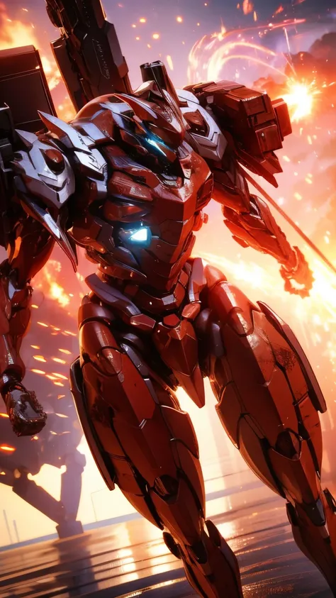 work of art, best qualityer:1.7)Mech with inverted trapeze body. triangular head, with black electronic details. (Pintura rusty white:1.7). Carrying two grenade launchers in his hands as his main weapon and carrying two submachine guns on his legs as secon...