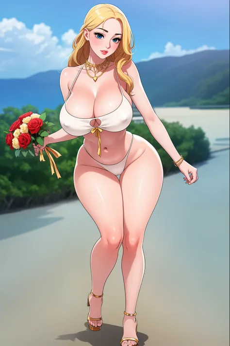 An extremely beautiful stunning busty woman, with gold blonde long silky hair, big blue eyes, extremely super bright snow white fair stunning flawless glowing lush shiny flawless white skin, a perfect tight hourglass figure, and a skinny waist, sexy thick ...