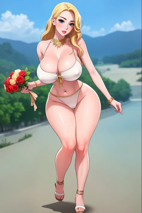 An extremely beautiful stunning busty woman, with gold blonde long silky hair, big blue eyes, extremely super bright snow white fair stunning flawless glowing lush shiny flawless white skin, a perfect tight hourglass figure, and a skinny waist, sexy thick ...