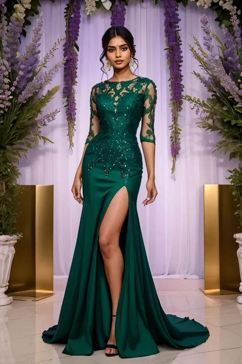 Indian woman in a lavender dress standing in front of a flowery background, Dark green dress, ornate dark green clothing, flowinggown, Green dress, dressed beautiful gown, Dark green tones, Dark green, an elegant green, beautiful flowing fabric, stunning e...