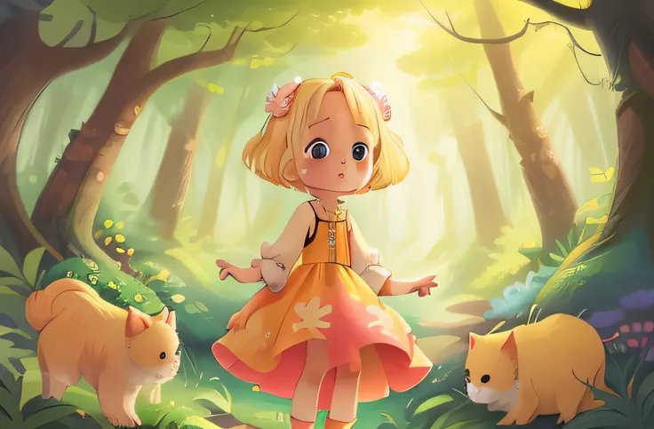 One with blonde hair, colorfull dress, in a vivid forest, with animals 