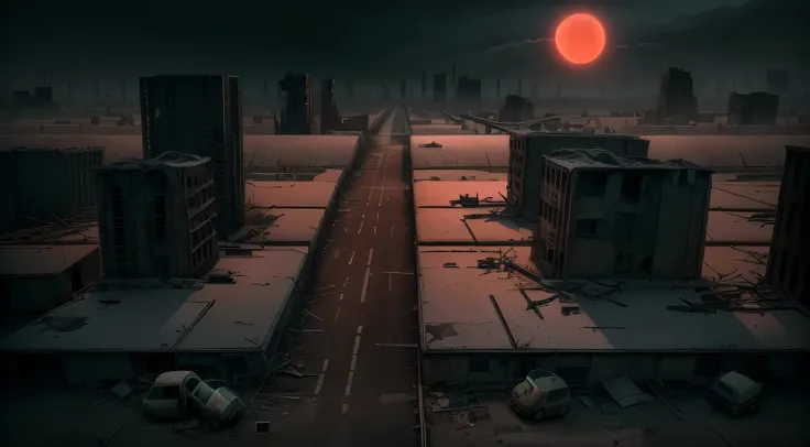 a town in post apocalyptic ruins, gloomy and desolate atmosphere, High quality professional cinematic anime style, brick houses, desolate sky depressing atmosphere