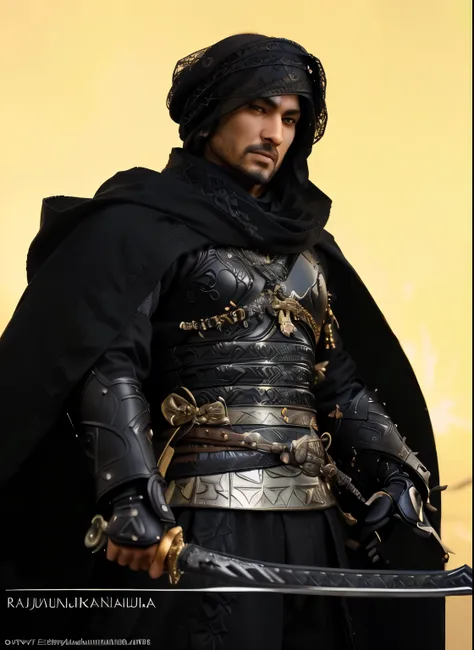 a close up of a man in a black outfit with a sword, hot toys, photogenic details on armor, hottoys, arabian samurai, ( highly detailed figure ), superb detail 8 k masterpiece, very detailed and rich clothing, inspired by Rajmund Kanelba, threea toys, detai...