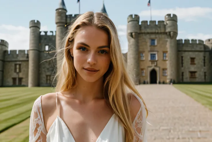 a sharp focus photo of a beautiful sexy young woman, very long braided hair, blond hair , perfect body, detailed skin texture, (slim), (highly detailed empire style see-through white silk dress), (perfect face, perfect eyes), (inside of her kingdom backgro...