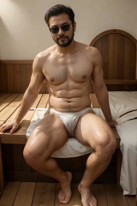 Realistic style，亚洲男人戴sunglasses坐在Sauna中，sit on the floor，Sauna，water vapor，40 years old Asian man，sunglasses，Looking at the camera，Legs raised，Place your hands on your chest，Long beard，White beard，White long hair，Floral shirt，A kind expression，Friendly att...