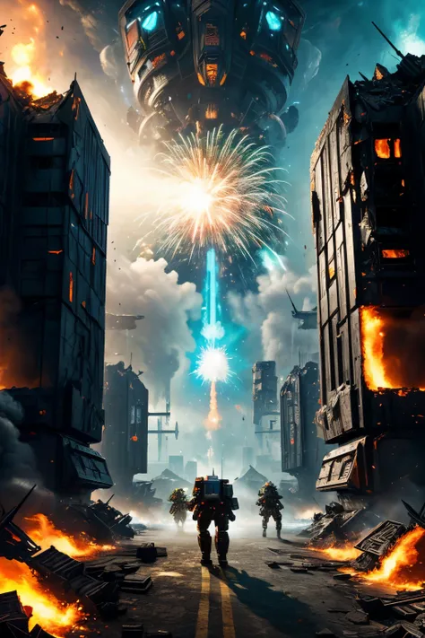 ((best quality)), ((masterpiece)), ((detailed shapes)), a very futuristic armoured robots, battle positions at chaos city(many explosion and fire broken buildings), looking to the camera, there is neon lights(realistics colored 3d), (4k quality),((high con...