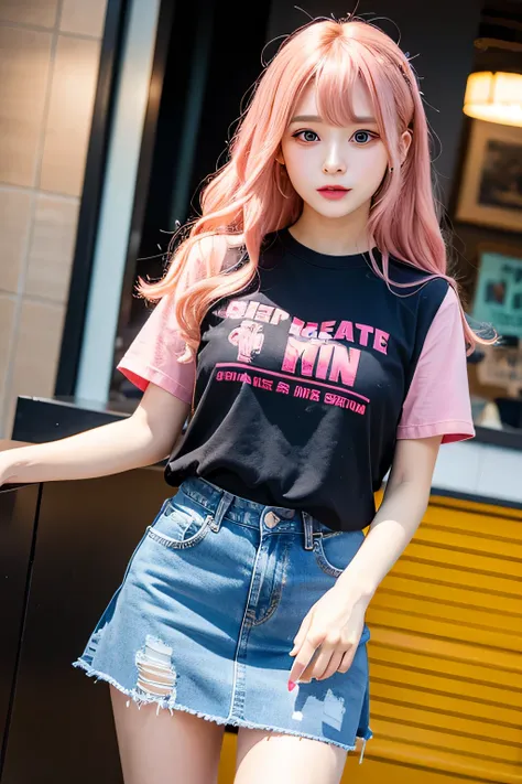 Anime Touch、((Highest quality)), ((masterpiece)), (detailed), One girl, And soul、Classic American taste、With a girl、Pink Hair、My hair is wavy、T-Shirts、Jeans fabric skirt、solo、